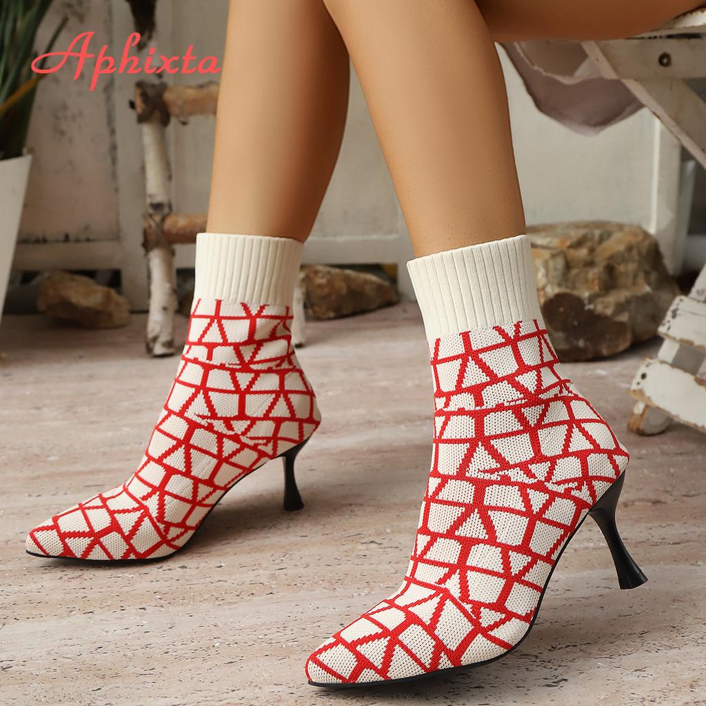 Aphixta Stripe Design 7.5cm Thin Heels Socks Boots Women Big Size 43 Stretch Fabric Elastic Pointed Toe Shoes Ankle Boot Woman