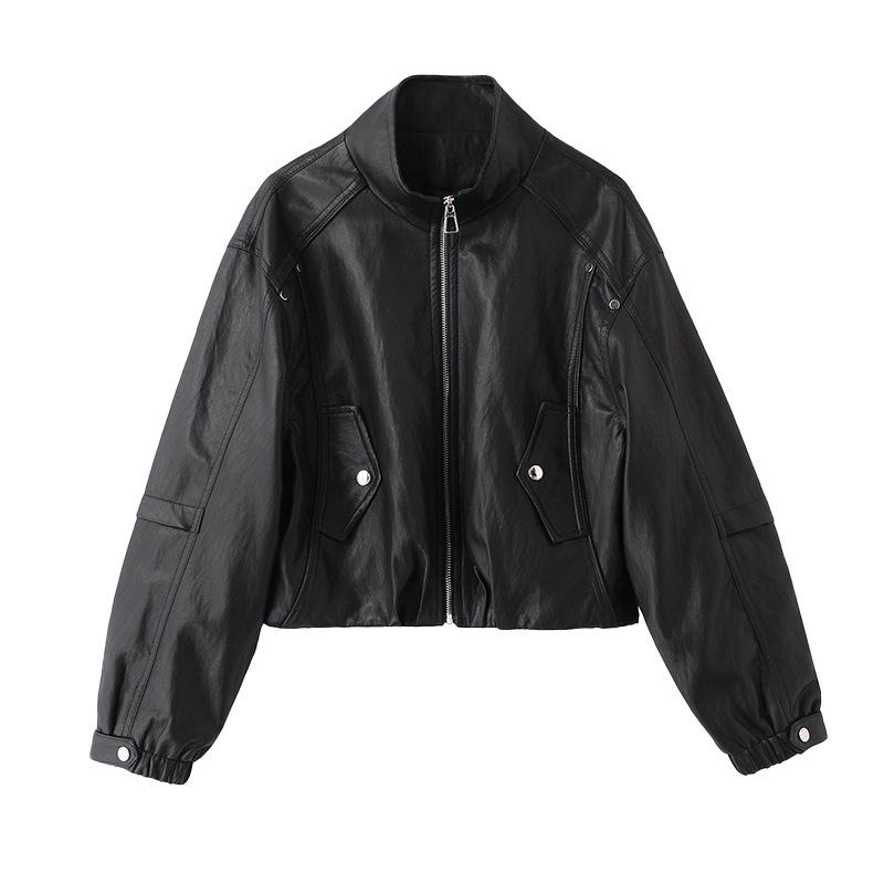Women's Fashionable PU Leather Stand Collar Jacket, Spring 2025 Collection, Short Style Outerwear