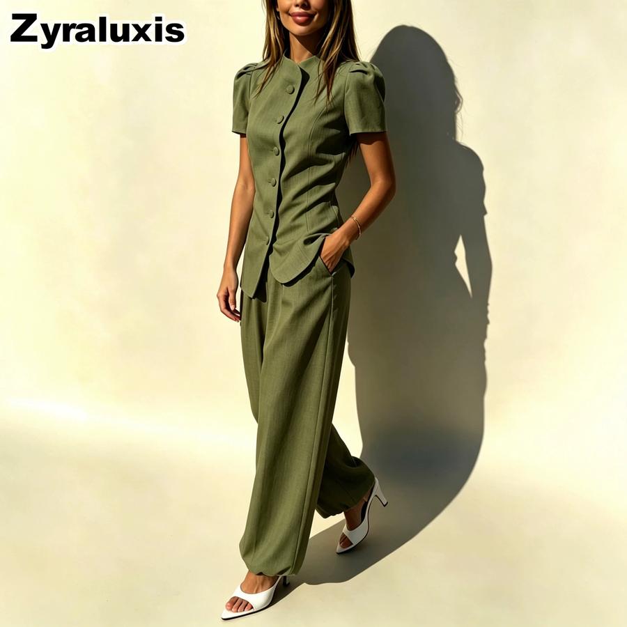 New Fashion Elegant Design Jacket Top High Waist Casual Long Pants Women's Set