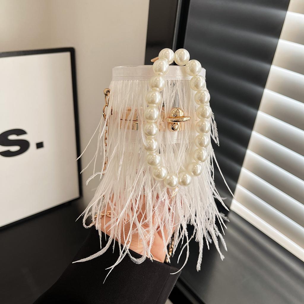 Sacs Sacs Boîtes en Acrylique Transparent pour Femmes Perles Plumes Sac Bandoulière Mini Chaînes Sac de Soirée Sacs à Main Forme Tonneau Fête Mariage Pochette