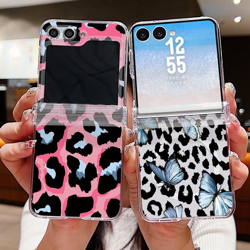 With Hinge Magnetic Phone Case For Samsung Z Flip 8 7 FE 6 5 4 Creative Leopard Print Hard Folding Phone Cover For Galaxy Z Flip8 Flip7 Flip6