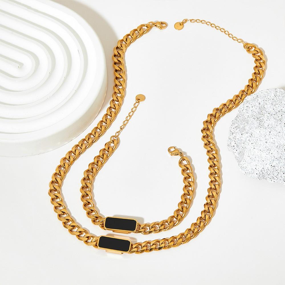 Stainless Steel Chunky Chain Necklace with Black Square Pendant, Tarnish Free Statement Hop Jewelry for Women