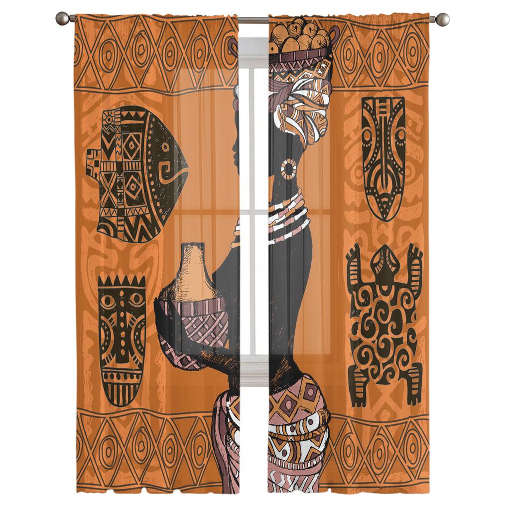 Silueta africkej ženy, geometrická kultúra, priehľadné závesy do obývačky, spálne, dekorácie, okenné voile, tylové závesy