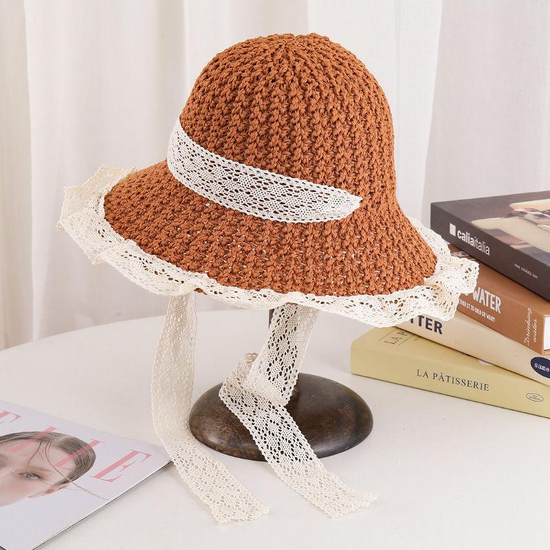 Sunshade Straw Hat Women's Large Eave Lace Bow Sunshade Hat Foldable Seaside Beach Sun Hat