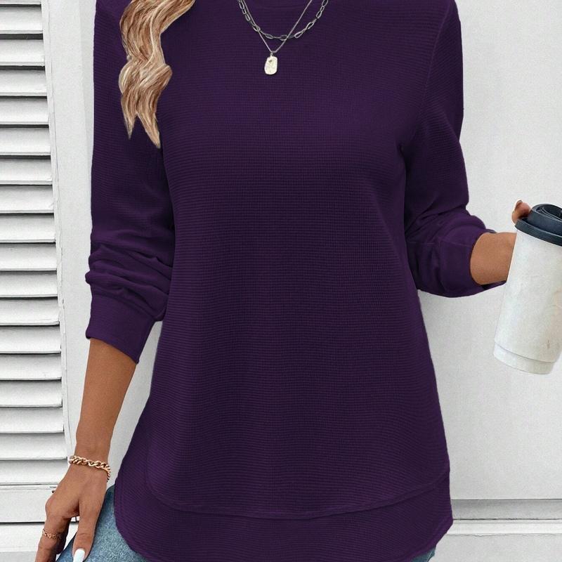 Plus Size Women Clothing European Style Spring and Fall Casual Round Neck T-Shirt Elegant Solid Color Knitted Plaid 2XL