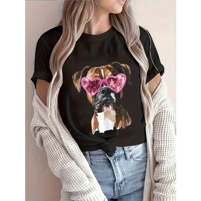 European Size Women's Boxer Dog T-Shirt with Pink Heart Fashion Glasses & Boxer Puppy Print - Cute Boxer Breed Tee for Pet Owners
