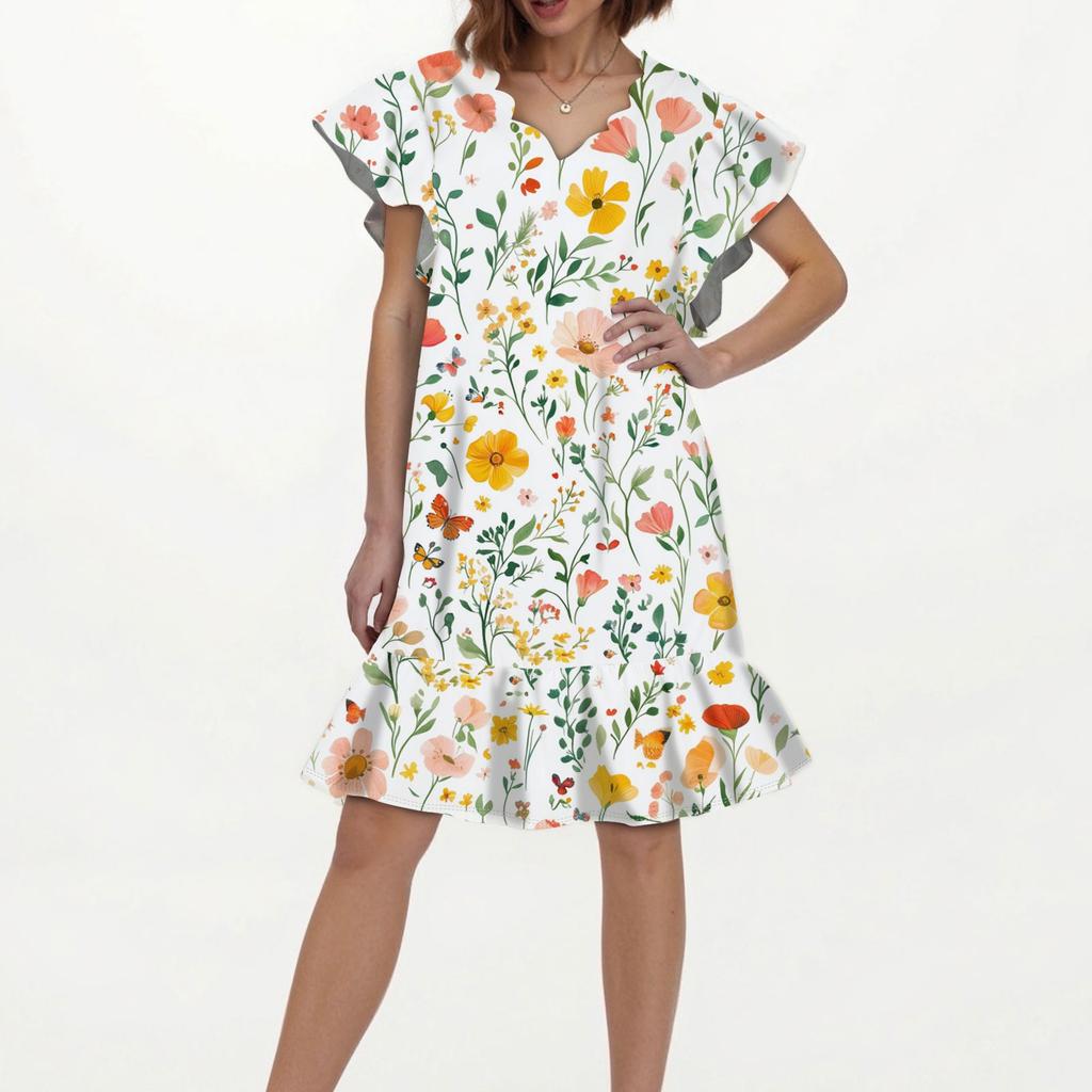 Women's Fashion Casual V Neck Wavy Edge Floral Print Short Sleeve Dress