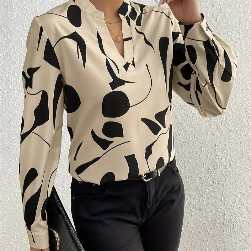Women's Elegant V-Neck Shirt Casual Print Long Sleeve Shirt for Spring