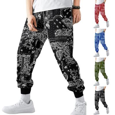 Men Summer Pants Printed Ankle-banded Elastic Waist Drawstring Pockets Soft Quick Dry