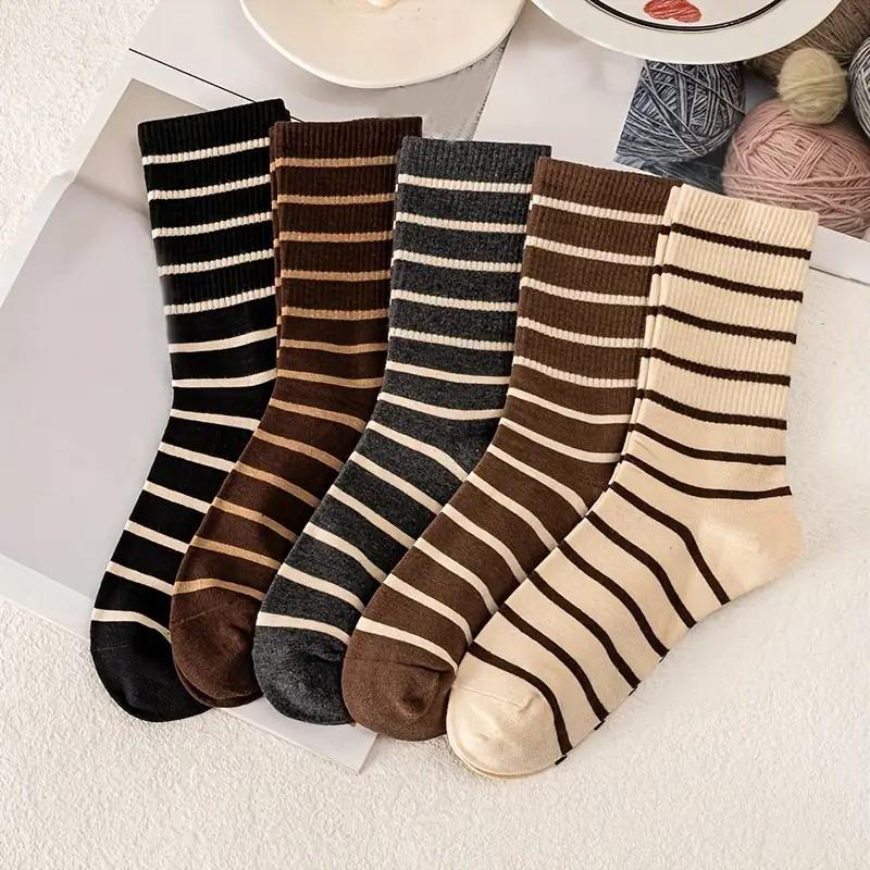 5/10 Pairs Women Mid Length Socks Fashionable Striped Print Soft Comfortable Sweat Absorbing and Breathable Casual Socks
