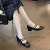 Retro texture double one-word belt~ soft-sided Mary Jane shoes women's thick heel square head single shoes versatile autumn