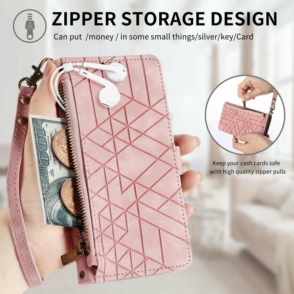 For Honor X70 Pro 5G Case Zipper Wallet Geometry Lines Leather Phone Cover with Strap