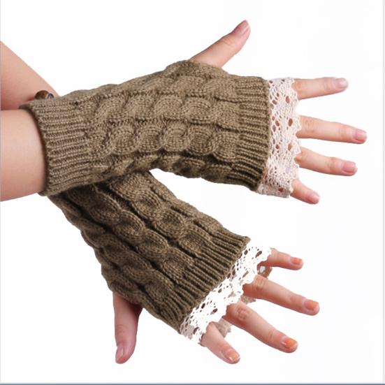 Winter Women Fashion Lace Trims Fingerless Knitted Mitten Wrist Warmer Gloves
