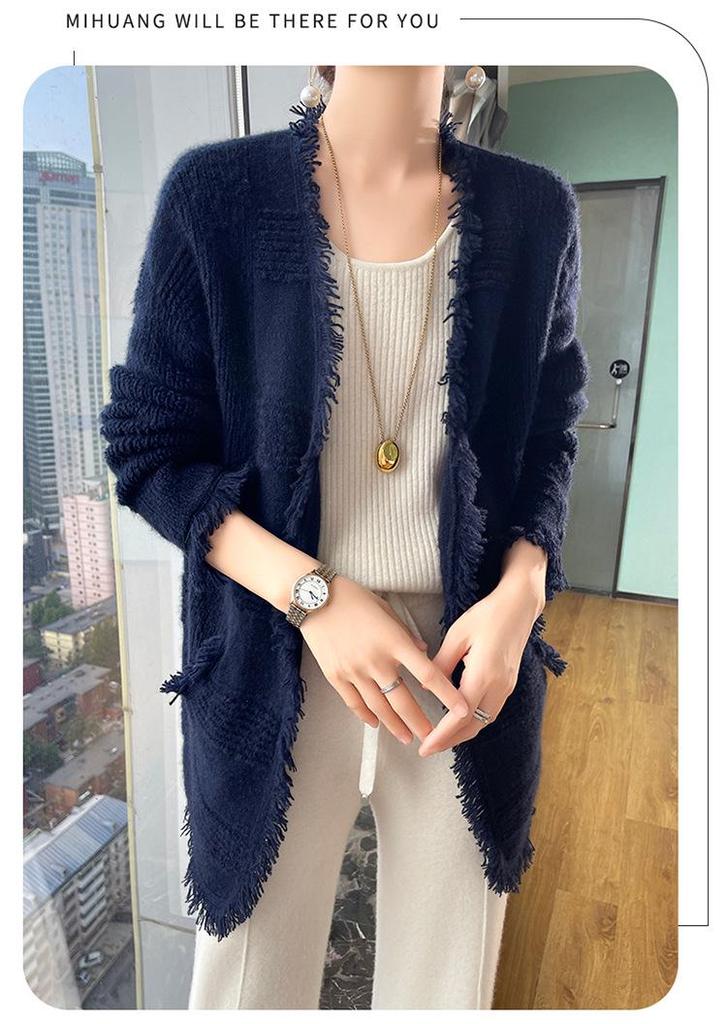 French Chic Wool Tassel Cardigan Sweater - Women's Loose Long Sleeve Knitwear