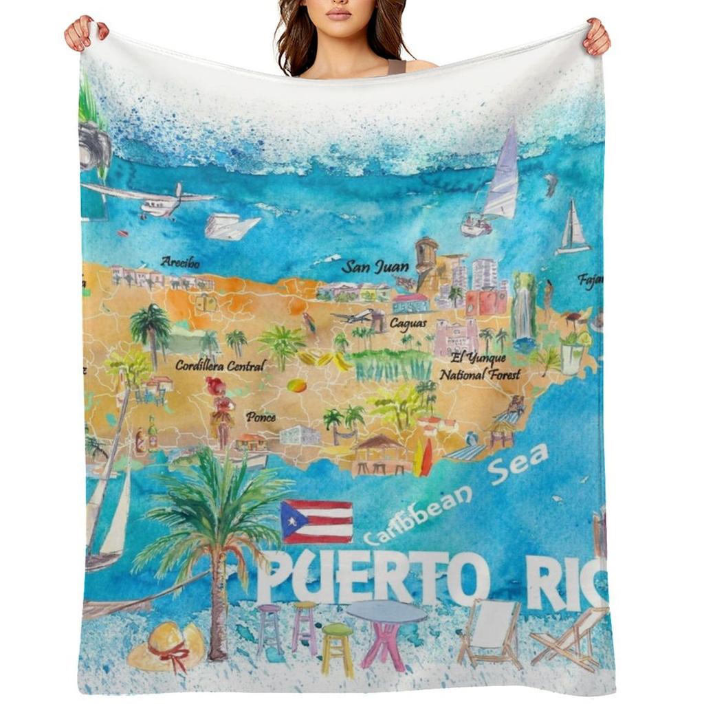 Puerto Rico Islands Illustrated Travel Map with Roads and Highlights Throw Blanket Travel Blankets For Bed Stuffeds Blankets
