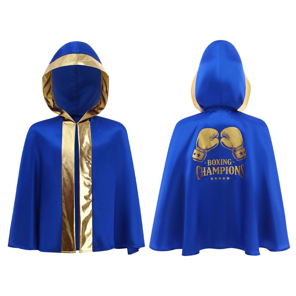 Kids Boys Girls Boxing Costume Halloween Cosplay Cloak Open Front Metallic Trim Letter Printed Back Hooded Boxer Robe
