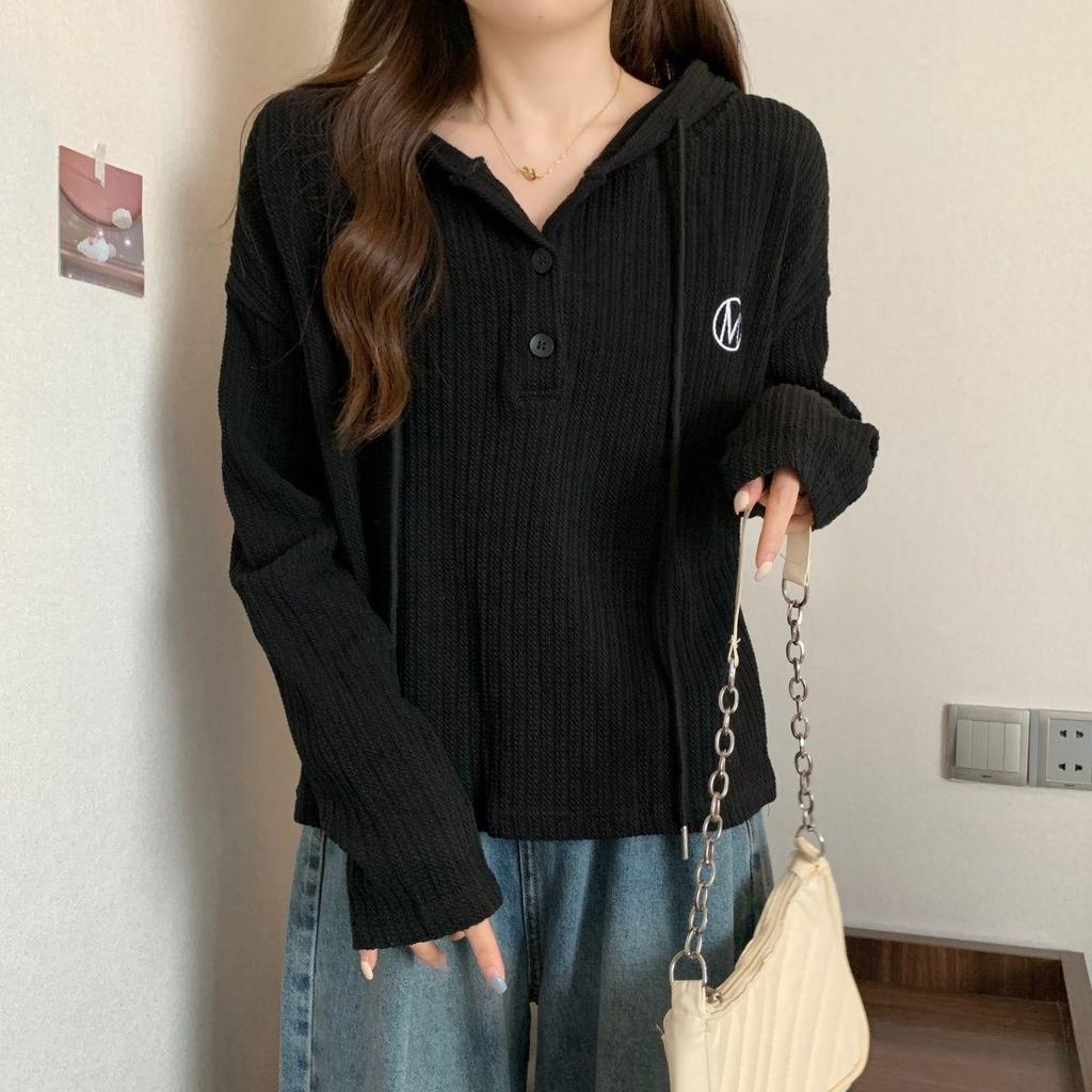 Women's Plus Size Hooded Long Sleeve Button T-Shirt - Loose Fit, New Korean Style for Spring/Autumn 2025