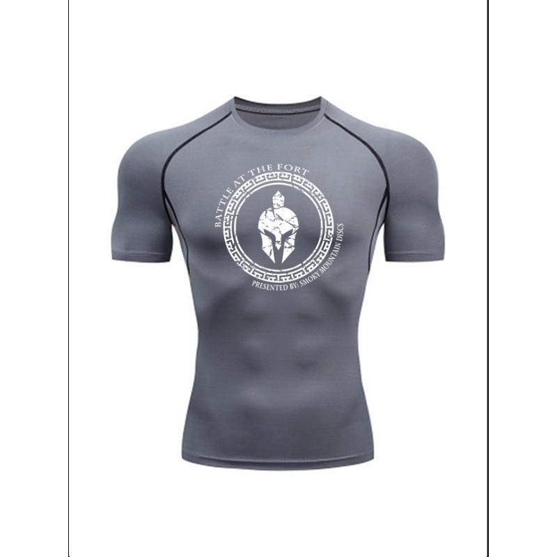 

Men S Grey Spartan Battle At The Fort Print Compression T-Shirt, Quick Dry Short Sleeve Gym Workout Tee, Muscle Fit Athletic Training Top for Men 3XL