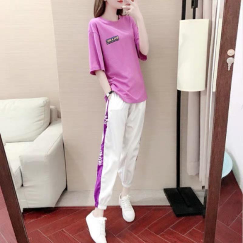 

Спортивный костюм с короткими рукавами для женщин, летний новый корейский стиль, свободный темперамент, повседневный комплект из двух предметов, богиня XXL