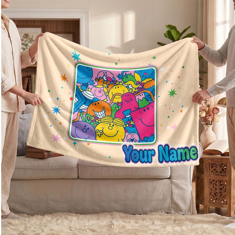 Mr. Men & Little Miss Personalized Flannel Blanket, Custom Printed Text Name, Warm Soft Blanket For Couch Bed