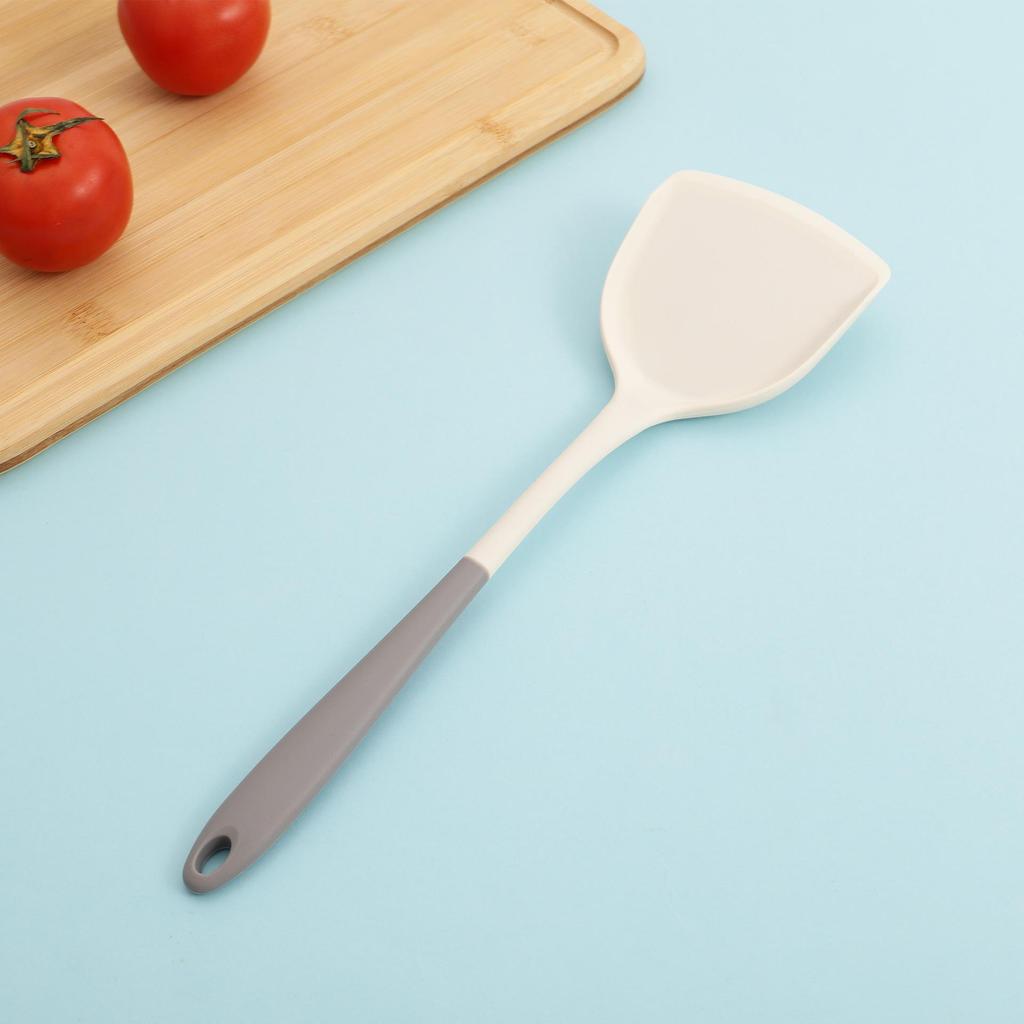 Gray & White Silicone Cooking Utensil Set: Spatula, Wok Spatula, Soup Ladle, Rice Spoon, Skimmer - Heat Resistant.