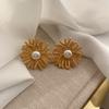 French Retro Coral Flower Freshwater Pearl Temperament Medieval Copper Gold-plated Sun Texture Earrings Earrings Women
