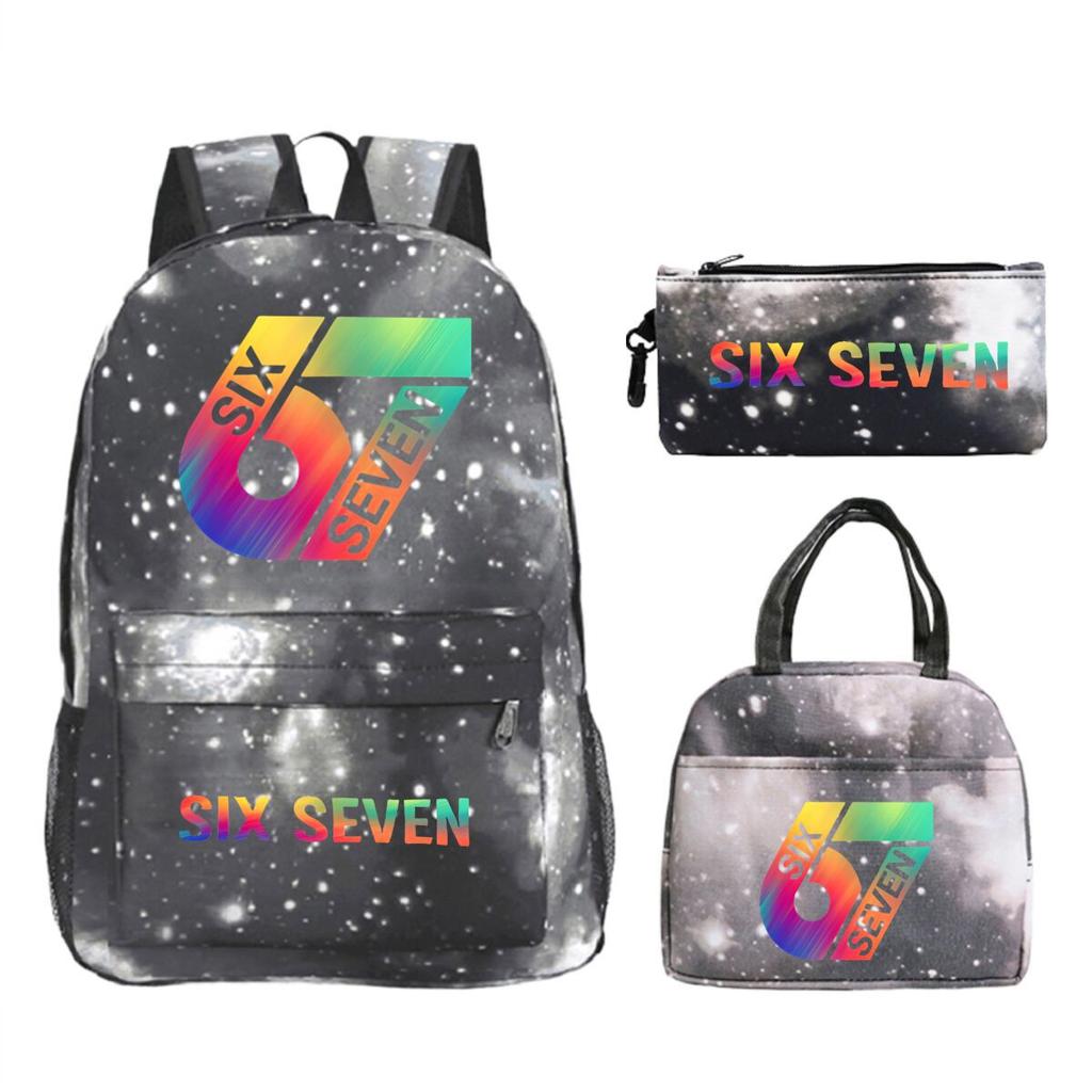 Sechs Sieben 67 Bedruckter Kinderrucksack Brottasche Federmäppchen Schultasche für Schüler Dreiteiliges Set