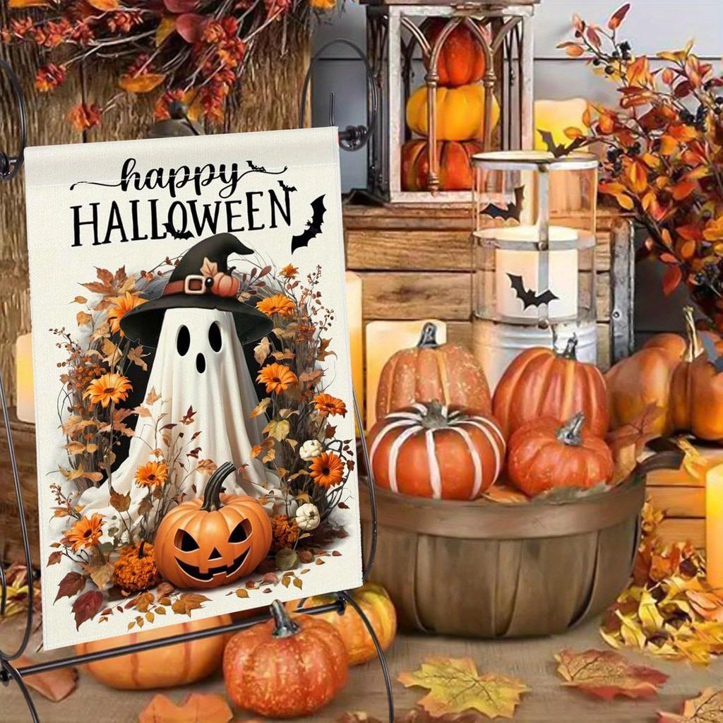 1pc Happy Halloween Garden Flag Cute Ghost Pumpkin Print Suitable for Halloween Yard Outside Decoration No Flag Pole 12X18 Inch