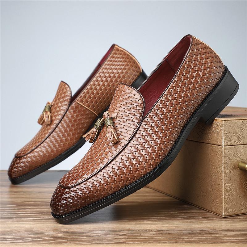 New Men's Tassels Knit Pattern Leather Casual Shoes Luxury Designer Male Formal Wedding Dress Loafers Homecoming Footwear