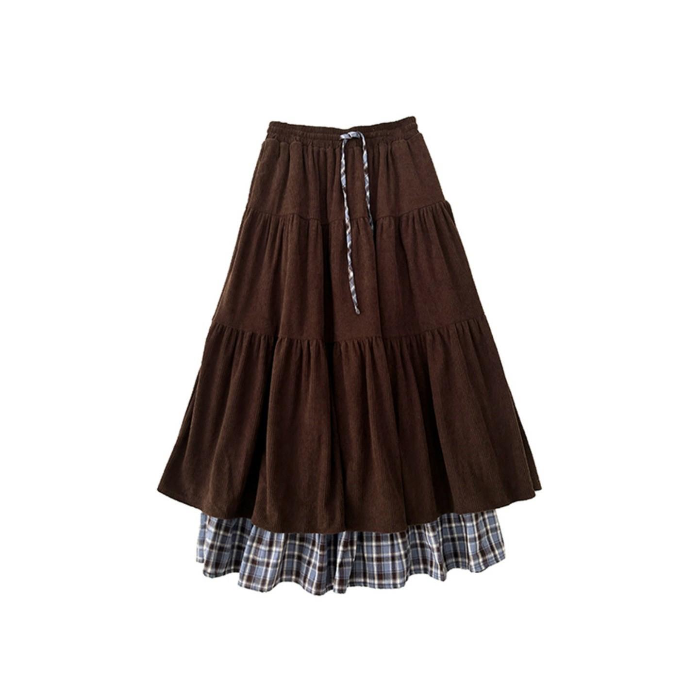 Women s Japanese Corduroy Patchwork Long Skirt - Autumn/Winter Double Layer Plaid Design 2XL коричневый