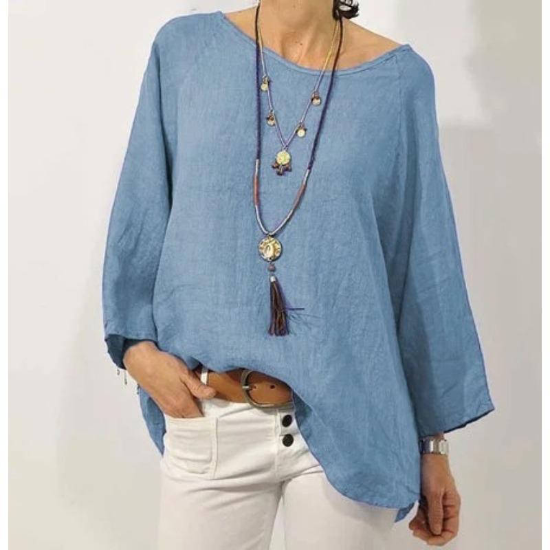 QICED Blusas y Camisas Casuales de Moda para Mujer, Color Sólido, Estampado, Cuello Redondo, Manga Larga