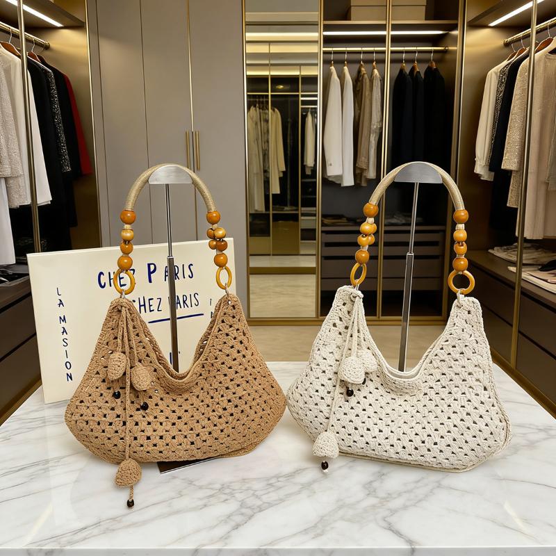 Hand-woven Straw Tote Bag With Wooden Bead Handle Large Capacity Summer Beach Shoulder Bag Casual Hollow Vacation Crochet Bag