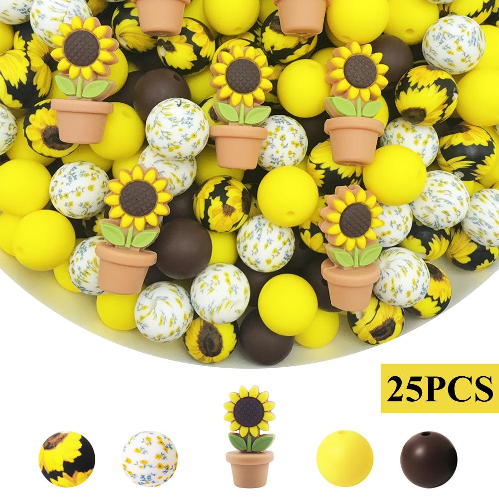 

25PCS Sunflower Potted Silicone Bead Set, perfect for DIY handmade crafts such as keychains, necklaces, bracelets, etc