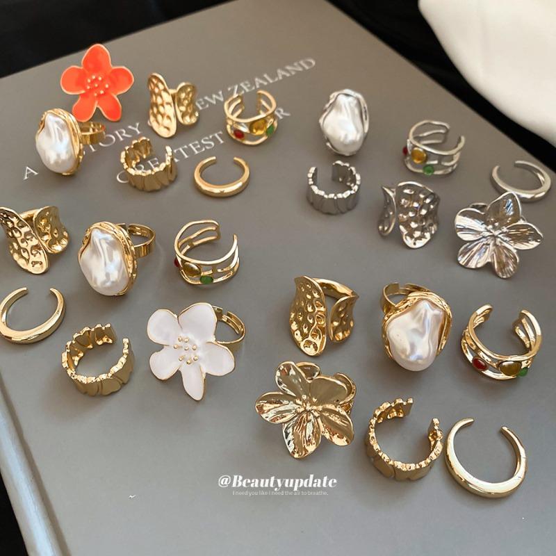 Folded flower pattern round opening ring six-piece set metal index finger ring niche design ring