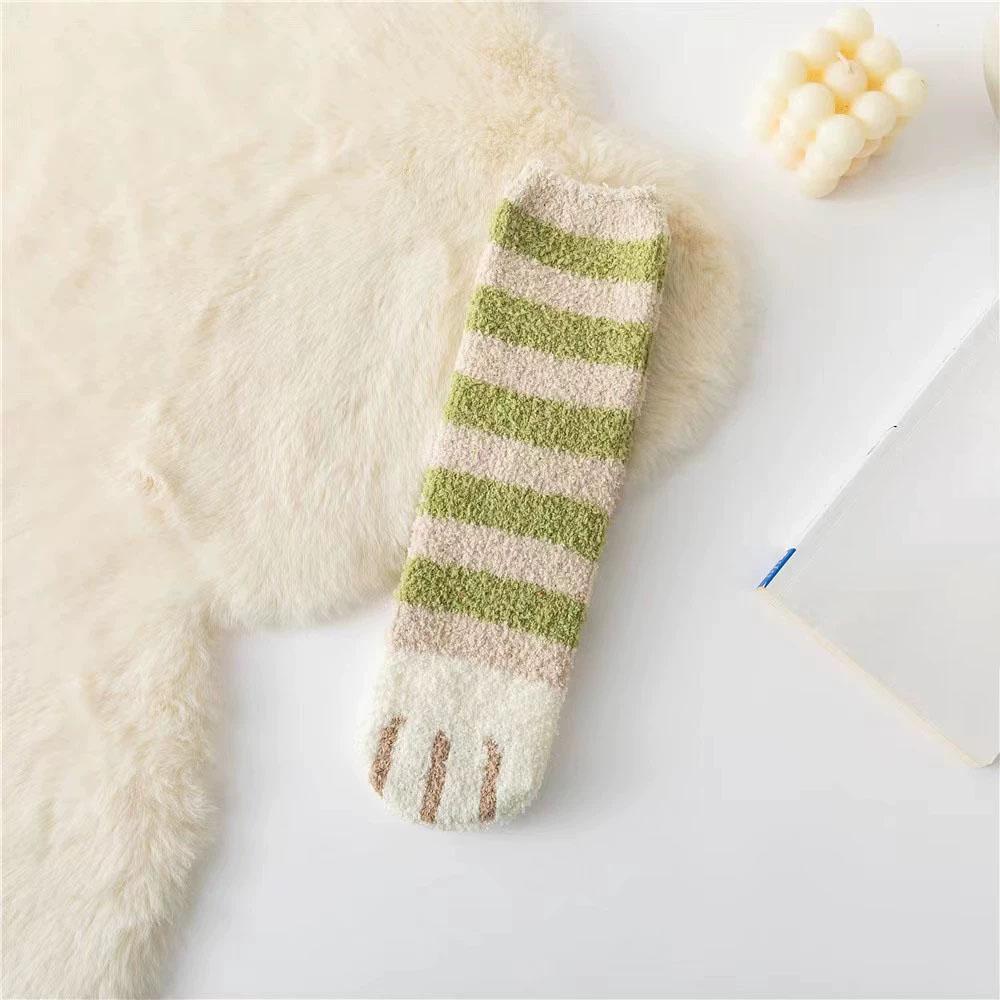 Cat Paw Striped Cute Socks Coral Fleece Winter Women Socks Thick Thermal Floor Sleeping Socks Candy Color Velvet Sock Warm