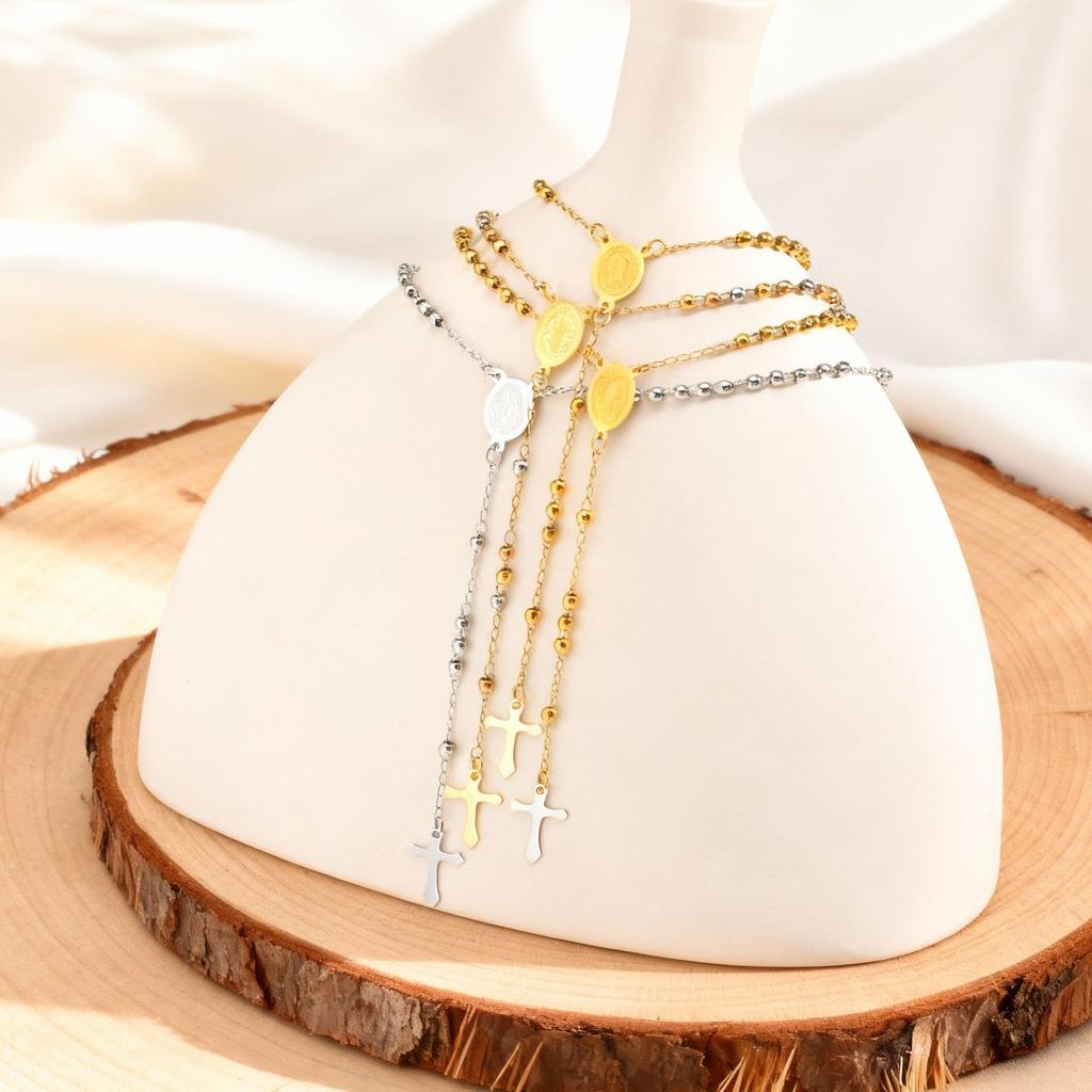 Rosenkranz Jungfrau Kreuz Anhänger Y-förmige Halskette für Frauen, Edelstahl Gliederkette Perlen Gebetskette, Maria Schmuck Geschenk