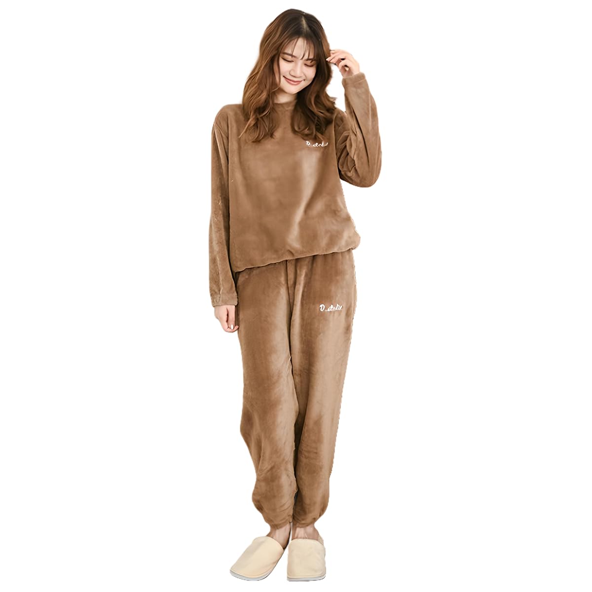 

ROKUA Fluffy Loungewear Top and Bottom Long Polyester Pajamas, Set, Sleeves, Unisex, (Brown)