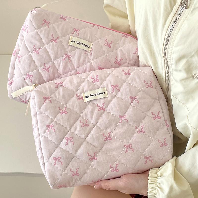 Rosa Schleife Steppung Damen Kosmetiktasche Tragbar Reißverschluss Make-up Reise-Organizer Handtasche für Damen Kulturtasche Für Mädchen