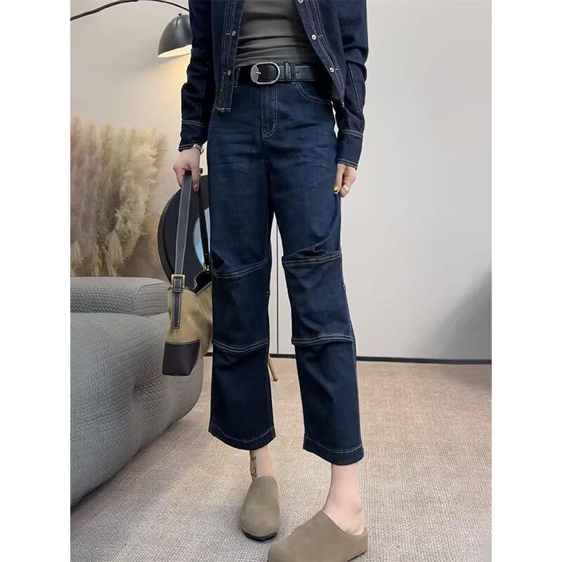 Women's Large Straight-Leg Jeans - Autumn/Winter 2024, Loose Fit, Slim Nine-Point Wide-Leg Style