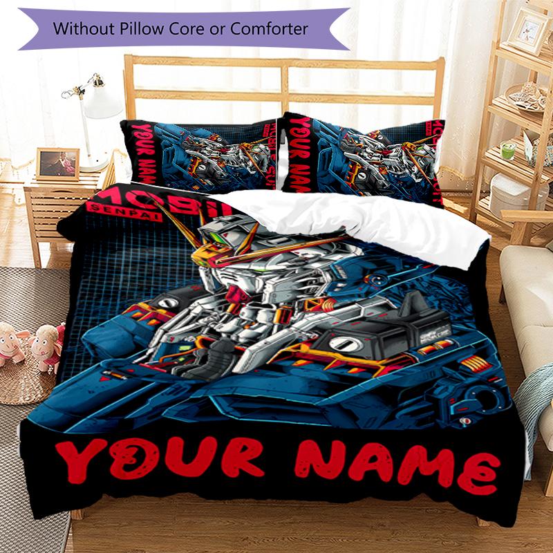 3pcs Custom Name Cartoon Mobile Suit Gundam Bedding Set Duvet Cover Closure Includes 1 Duvet Cover & 2 Pillowcases for All Seasons Bedroom Decor