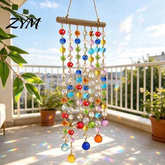 Crystal Bead Window Decoration Suncatchers, Crystals Hanging Suncatcher, Colorful Glass Beads Chain Outdoor Garden Ornament Wind Chimes for Porch Home