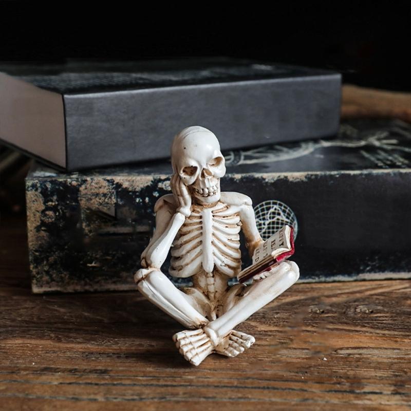 Reading Skull Figure Resin Statue Skeleton Reader with Book for Adding Character To Bookshelves and Office