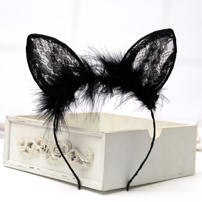 

Сексуальный и милый кружевной ободок с кошачьими ушками, игривый и очаровательный для косплея, модное украшение для волос, сексуальный пушистый ободок чёрный