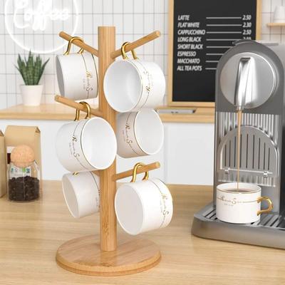 6 Hooks Bamboo Coffee Cup Holder Tree Shape Wood Material Coffee Cup Rack Sturdy Design Thickened Base Cup Storage Holder