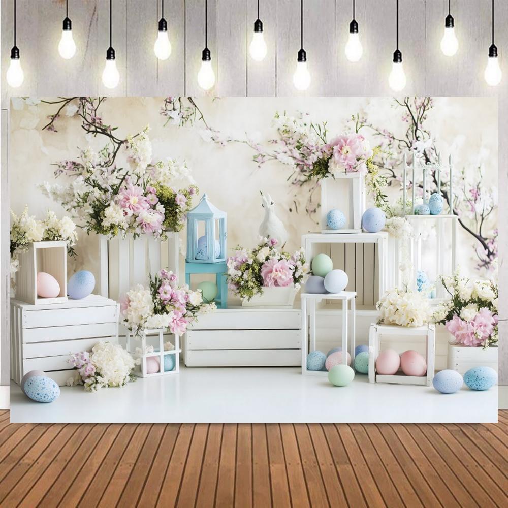 Spring Easter Floral Bunny Pink House Colorful Eggs Dessert Photography Background Kids Party Portrait Home Decor Photo Backdrop2