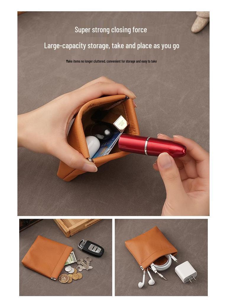 Genuine Leather Coin Purse with Alloy Spring Clip and Kiss Lock for Keys, Earphones, or Jewelry Storage