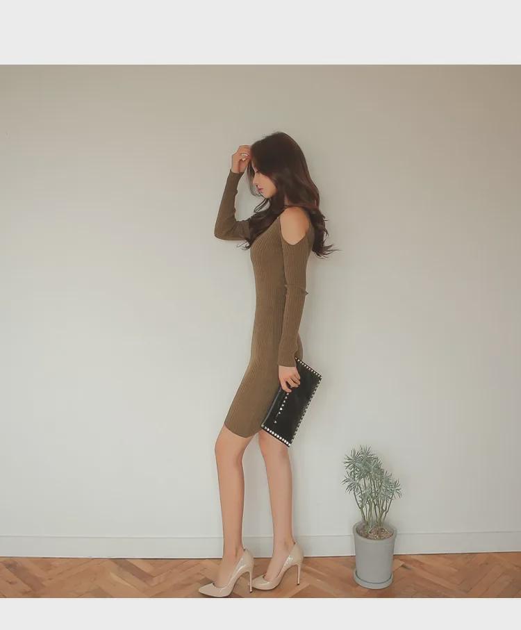 Ribbed High Elastic V-Neck Off-Shoulder Sweater Dress - Korean Style 2023