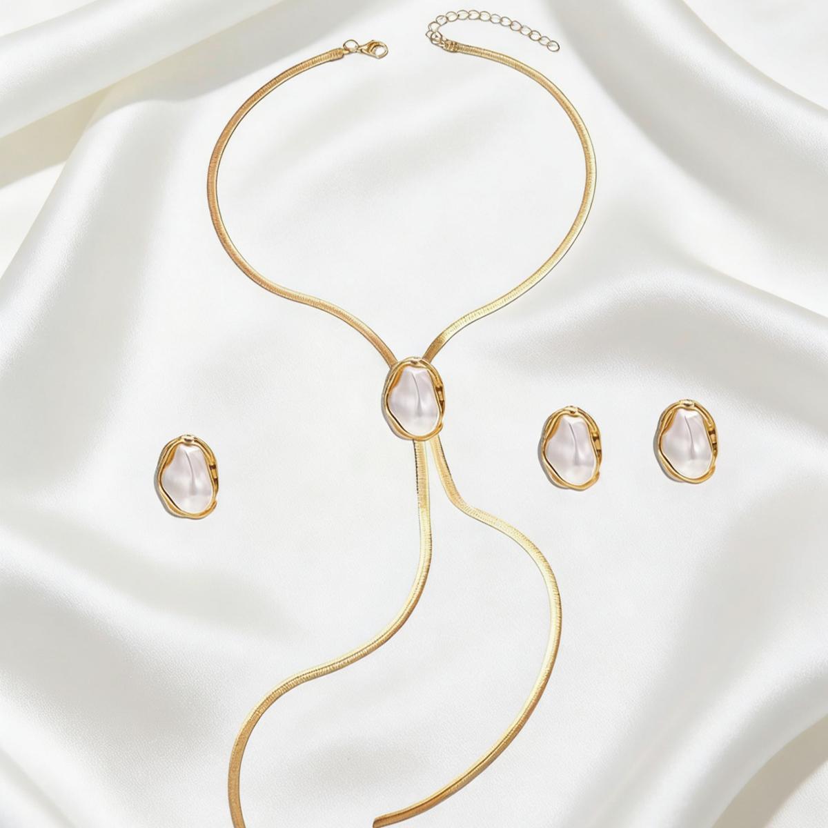 

Elegant French Spiral Black Resin Stone /Imitation Baroque Pearl Jewelry Set Women Herringbone Chain Necklace Earrings Ring