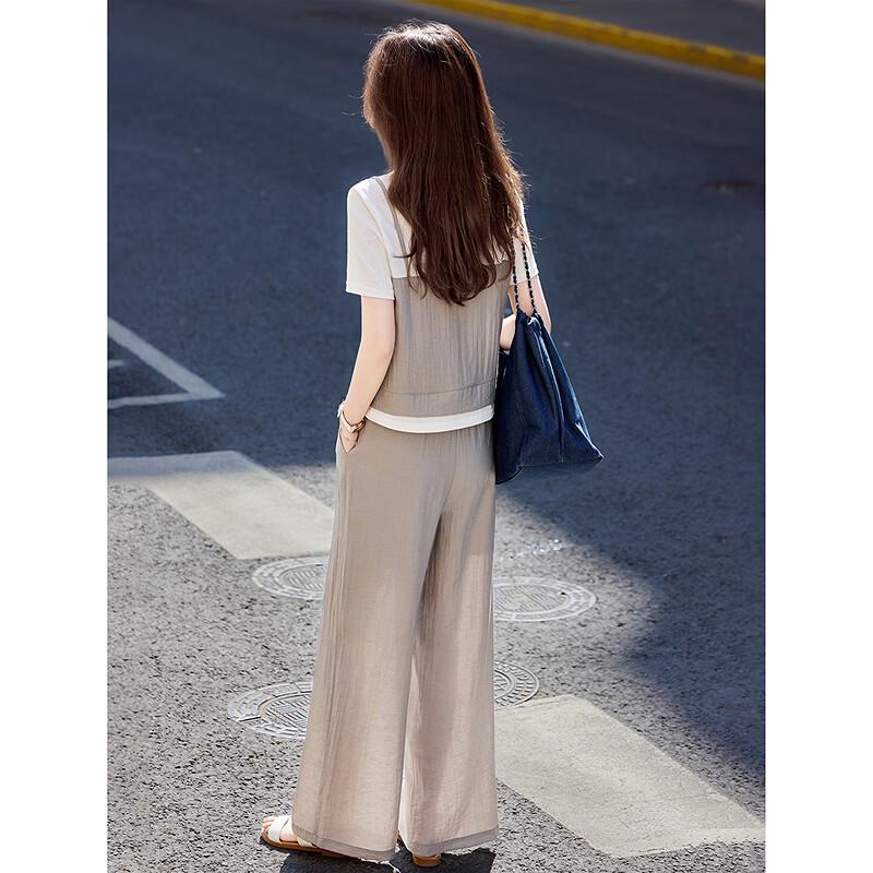 Women's Lyocell Linen Blend Faux Two-Piece T-Shirt & Wide-Leg Pants Set