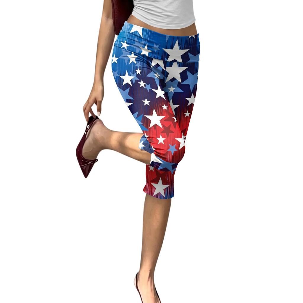 Flag Capri Leggings for Women Stretch Patriotic Star Stripe Patterned Yoga Pants Casual Capri Trousers